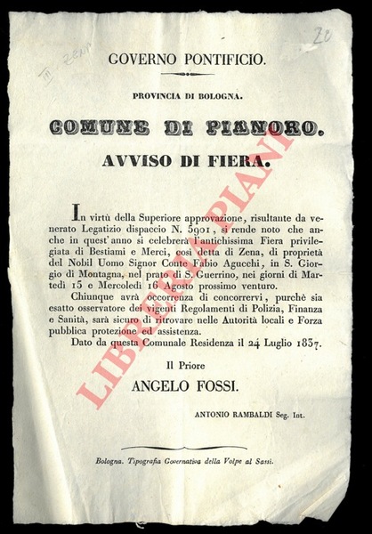 Avviso che l'antichissima fiera di bestiami e merci così detta …