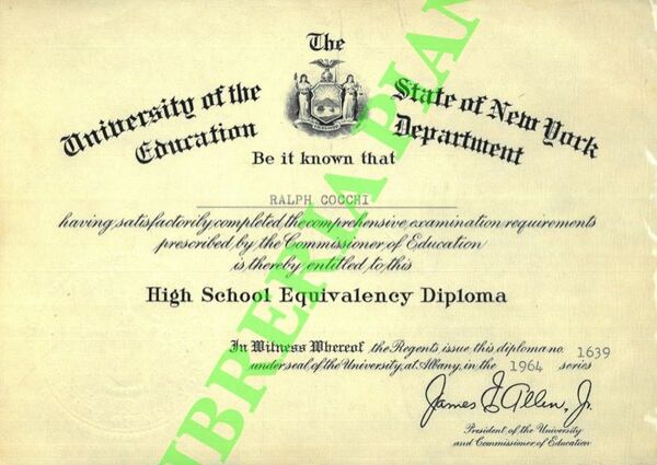 High School Equivalency Diploma a Ralph Cocchi.