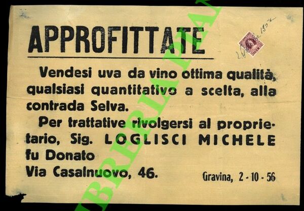 APPROFITTATE. Vendesi uva da vino ottima qualità, . alla contrada …