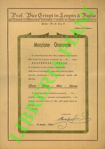 Menzione Onorevole, Steno - Dattilografia sulle Macchine Olivetti - Olimpia …