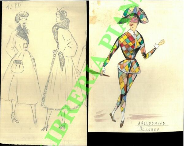 Lotto di disegni, modellini sartoria, ritratti, a matita e colorati,