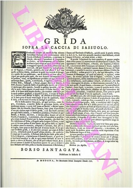 Grida Generale sopra la Caccia. Date dal Duca di Modena …