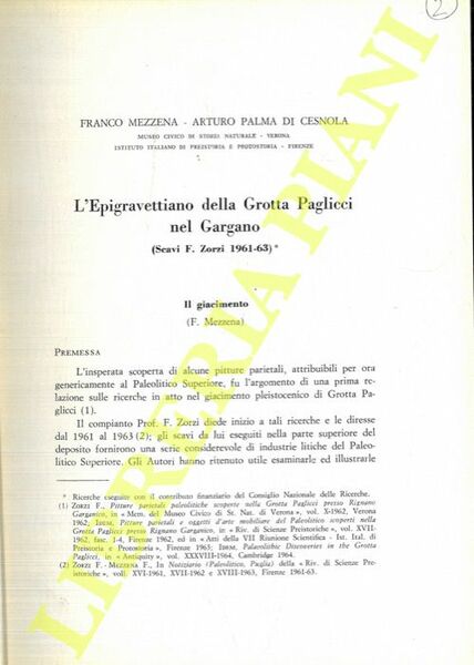 L'Epigravettiano della Grotta Paglicci nel Gargano (Scavi F. Zorzi 1962-63) …