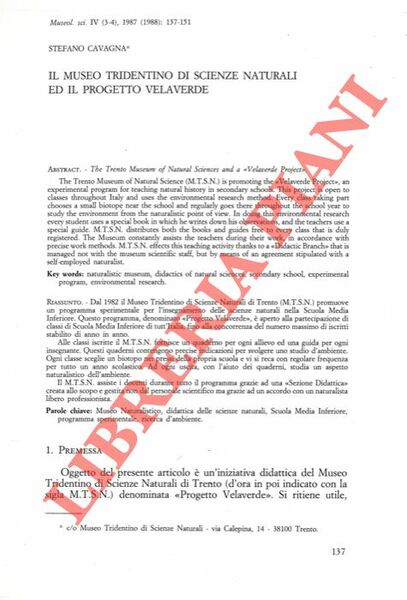Il Museo Tridentino di Scienze Naturali ed il Progetto Velaverde.