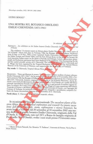 Una mostra sul botanico ossolano Emilio Chiovenda (1871-1941) .