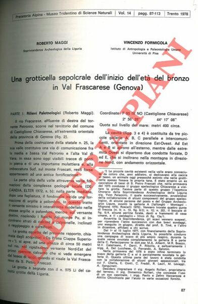 Una grotticella sepolcrale dell'età del bronzo in Val Frascarese (Genova) …