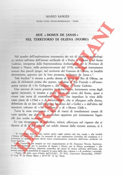 Due “Domus de Janas” nel territorio di Oliena (Nuoro) .