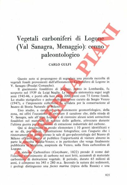 Vegetali carboniferi di Logone (Val Sanagra, Menaggio) : cenno paleontologico.