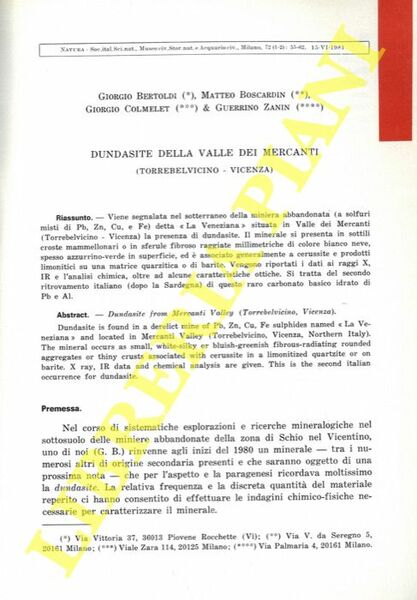 Dundasite della Valle dei Mercanti (Torrebelvicino – Vicenza) .