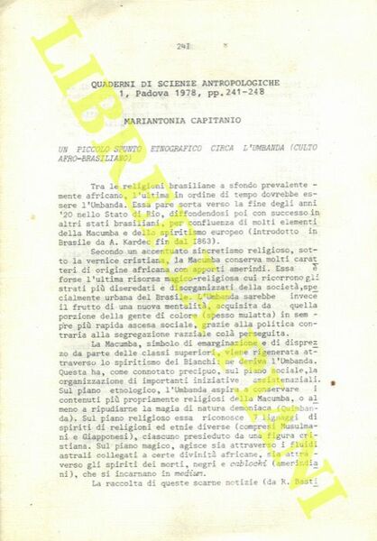 Un piccolo spunto etnografico circa l' Umbanda (culto afro-brasiliano).