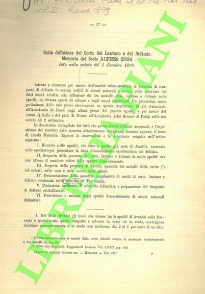 Sulla diffusione del Cerio, del Lantano e del Didimo.
