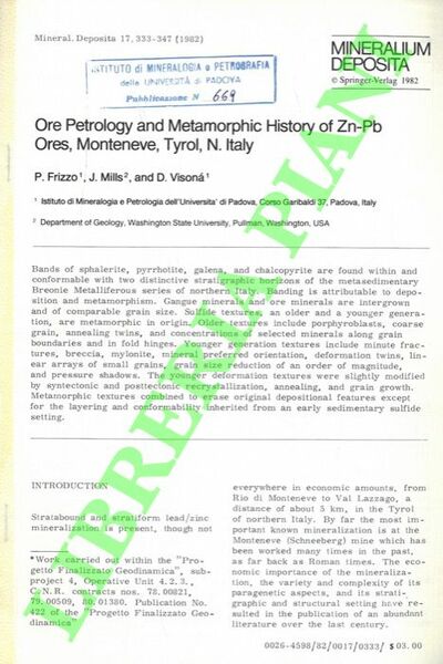 Ore Petrology and Metamorphic History of Zn-Pb Ores, Monteneve, Tyrol, …