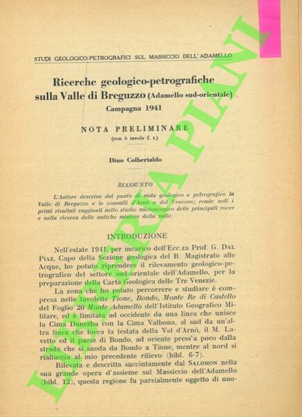 Ricerche geologico-petrografiche sulla Valle di Breguzzo (Adamello sud-orientale) . Campagna …