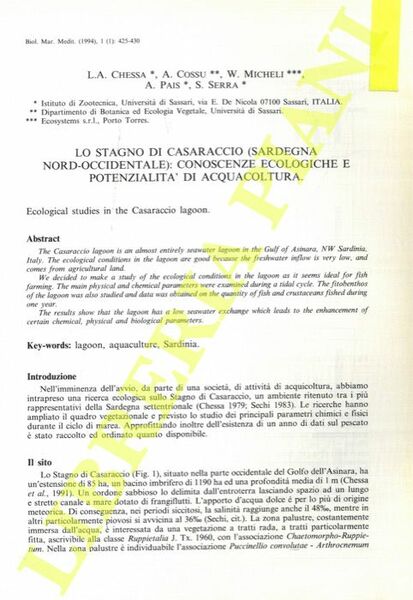 Lo stagno di Casaraccio (Sardegna nord-occidentale): conoscenze ecologiche e potenzialità …