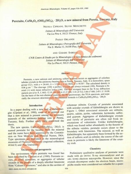 Peretaite, CaSb4O4(OH)2(SO4)2 . 2H2O a new mineral from Pereta, Tuscany, …