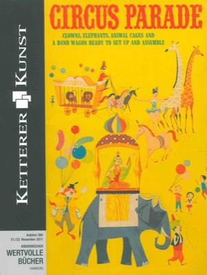 Circus parade. Clowns, elephants, animal cages and a band wagon …