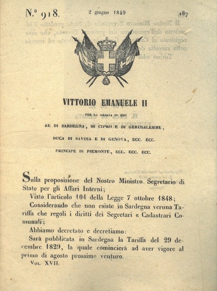 con cui si decide la pubblicazione in Sardegna della tariffa …