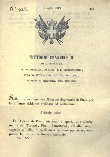 con cui si stabilisce l'apertura della Dogana di Porto Maurizio …