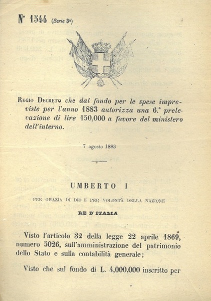 che dal fondo per le spese impreviste per l'anno 1883 …