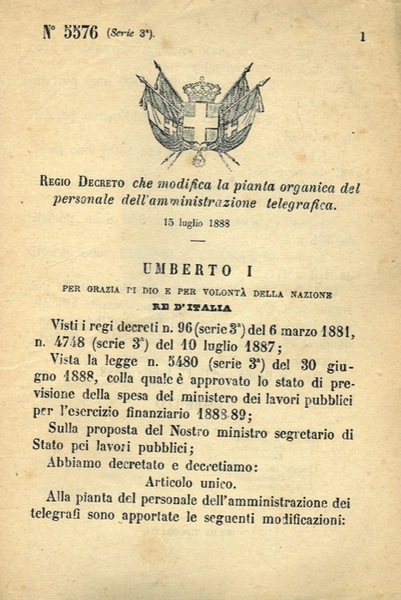 che modifica la pianta organica del personale dell'amministrazione telegrafica.