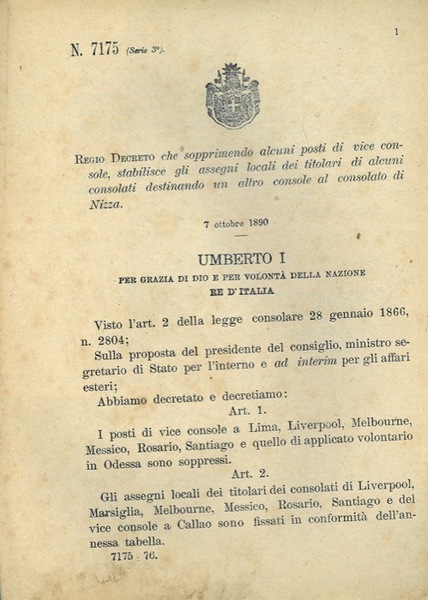 che sopprimendo alcuni posti di vice console, stabilisce gli assegni …