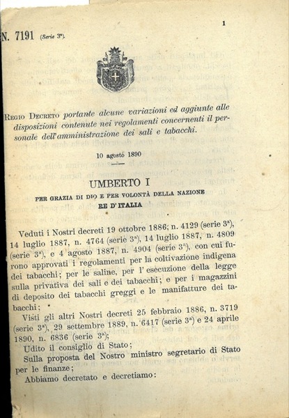 portante alcune variazioni ed aggiunte alle disposizioni contenute nei regolamenti …