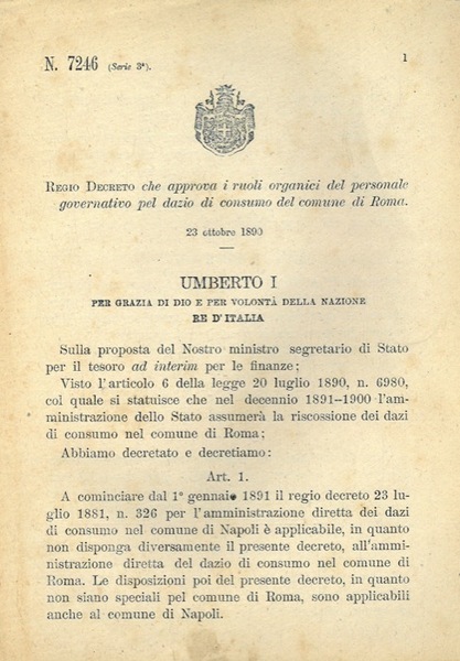 che approva i ruoli organici del personale governativo pel dazio …