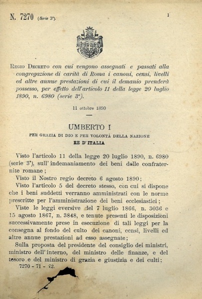 con cui vengono assegnati e passati alla congregazione di carità …