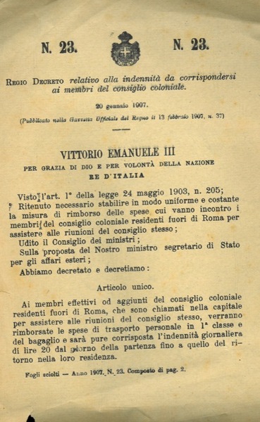 relativo alla indennità da corrispondersi ai membri del consiglio coloniale.