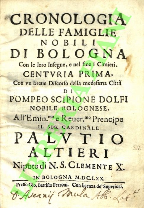 Cronologia delle famiglie nobili di Bologna con le loro insegne, …