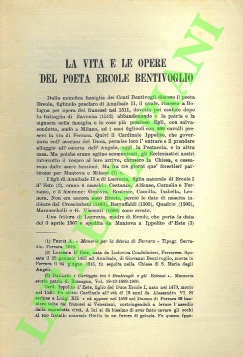 La vita e le opere del poeta Ercole Bentivoglio.