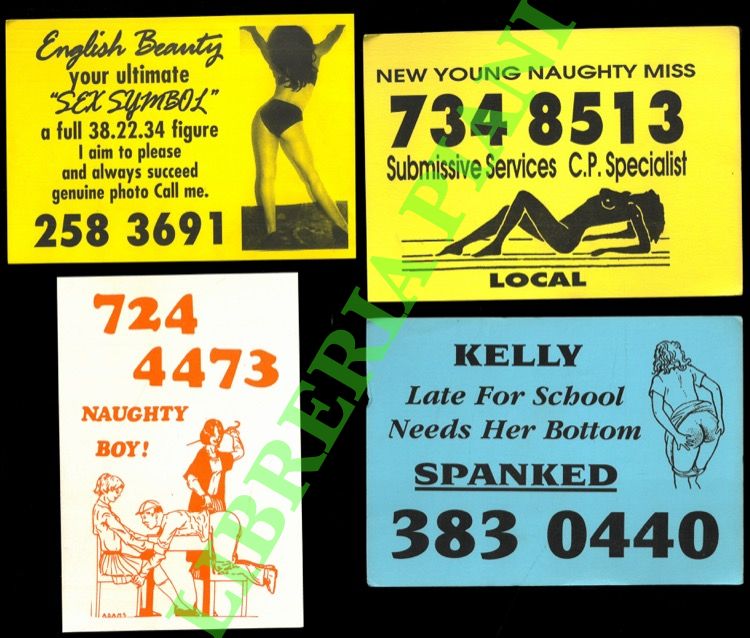 Messaggi per prestazioni erotiche, raccolti nelle cabine telefoniche londinesi.