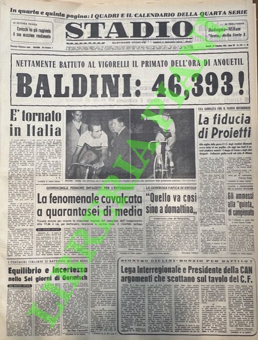 Nettamente battuto al Vigorelli il primato dell'ora di Anquetil. Baldini: …