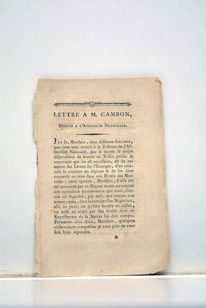 Lettre à M. Cambon, Député à l'Assemblée Nationale.