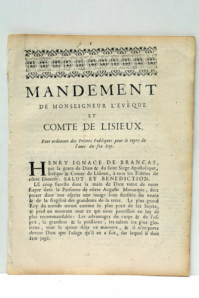 Mandement pour ordonner des Prières Publiques pour le repos de …