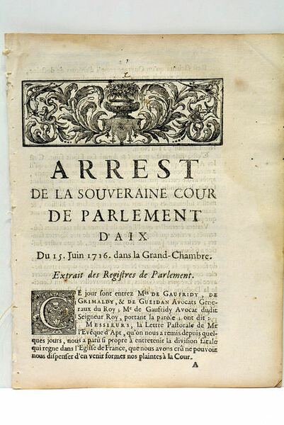 ARREST DE LA SOUVERAINE COUR DE PARLEMENT D'AIX. Du 15 …