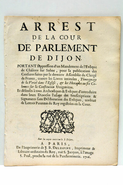 ARREST DE LA COUR DE PARLEMENT DE DIJON.Portant suppression d'un …