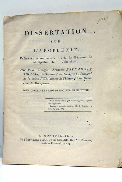 Dissertation sur l'apoplexie.