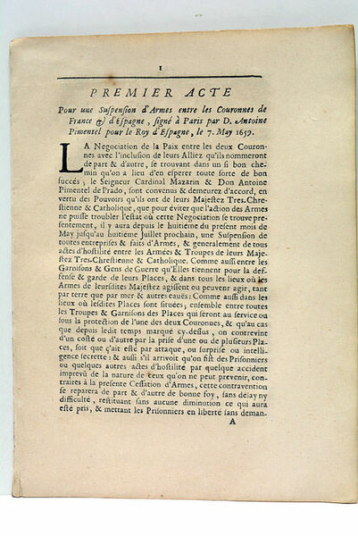 ACTE (PREMIER). POUR UNE SUSPENSION D'ARMES ENTRE LES COURONNES DE …