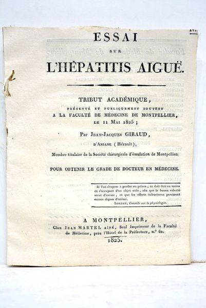 Essai sur l'hépatitis aiguë. Tribut académique, présenté et publiquement soutenu …