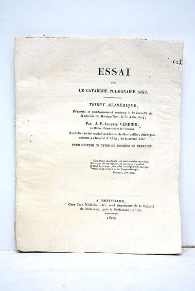 Essai sur le catarrhe pulmonaire aigu. Tribut académique présenté et …