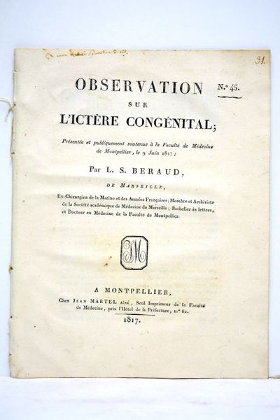 Observation sur l'ictère congénital. Présenté et publiquement soutenue à la …