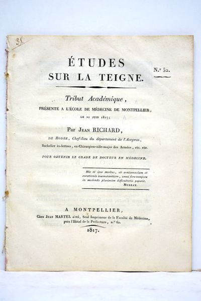 Etudes sur la teigne. Tribut académique présenté à l'Ecole de …