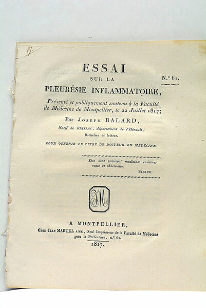 Essai sur la pleurésie inflammatoire, présenté et publiquement soutenu à …