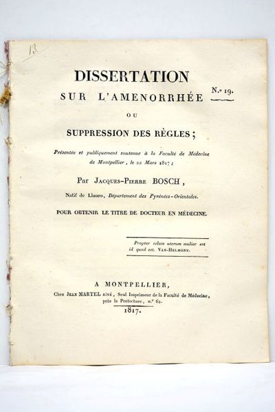 Dissertation sur l'amenorrhée ou Suppression des règles. Présenté et publiquement …