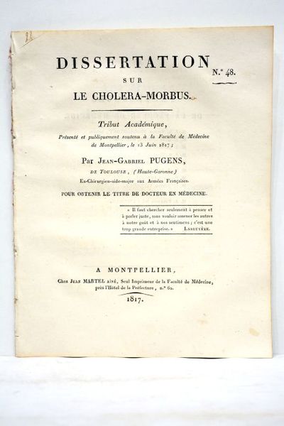 Dissertation sur la cholera-morbus. Tribut académique.