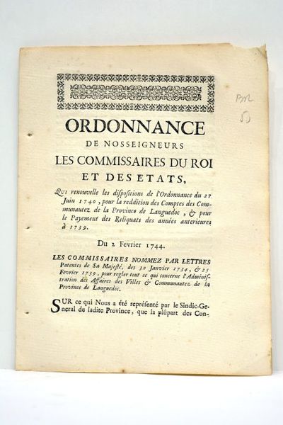 Ordonnance de Nosseigneurs les Commissaires du Roi et des Etats, …