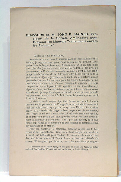 Origines des Sociétés Protectrices des Animaux en Amérique. S.l.n.d. (c.1900). …