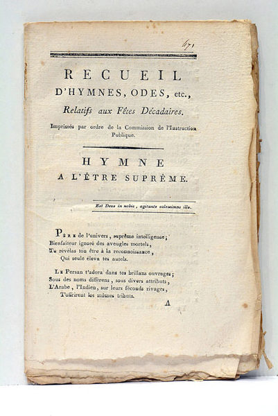 RECUEIL d'Hymnes, Odes, etc. relatifs aux Fêtes Décadaires. Imprimés par …
