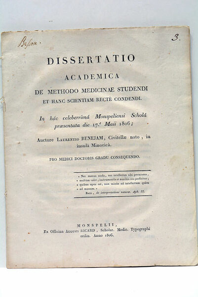 De Methodo Medicinae Studenti et hanc Scientiam recté condendi.
